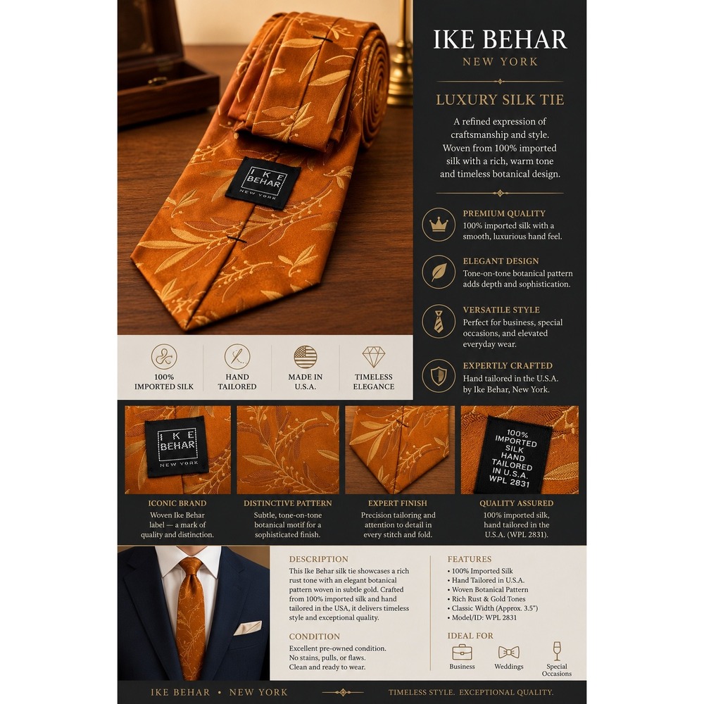 Ike Behar New York Silk Tie Burnt Orange Gold Leaf Pattern Hand Tailored USA